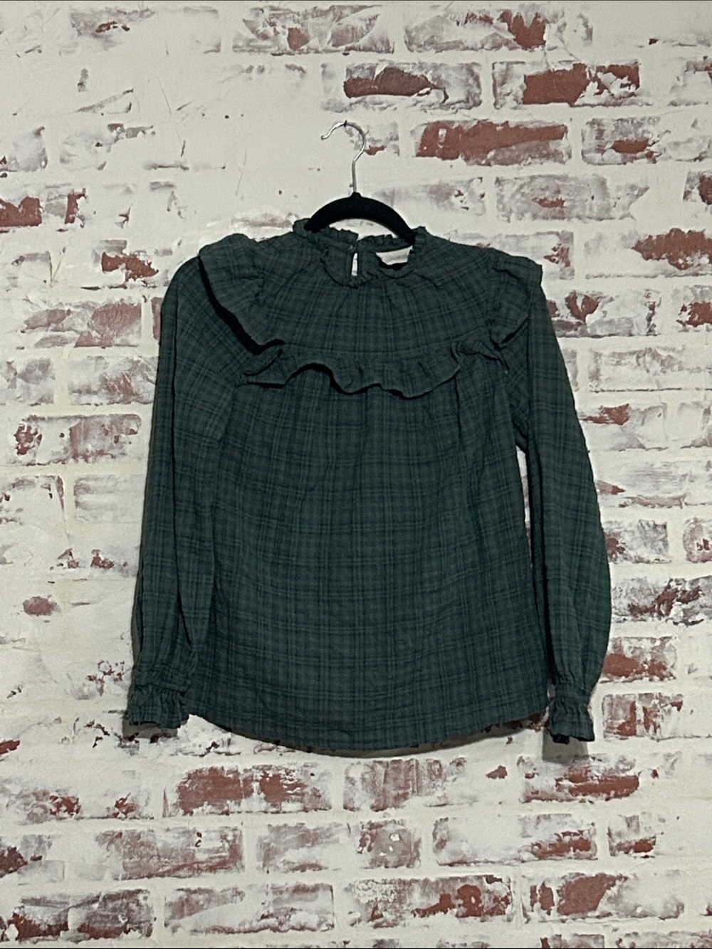 Universal Thread Dark Green and Navy Ruffled Yoke Long Sleeve Blouse